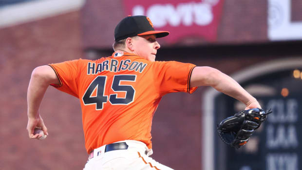 SF Giants starter Kyle Harrison (45) pitches the ball against the Colorado Rockies at Oracle Park (2023).