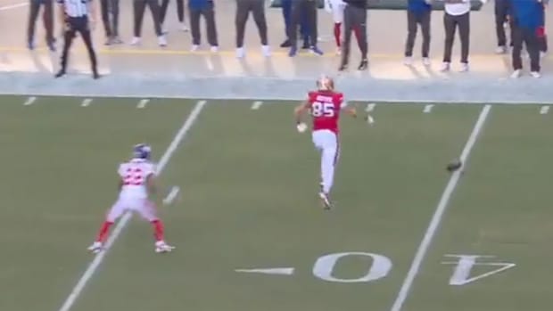 49ers tight end George Kittle celebrated after preventing an interception in Week 3 vs. the Giants