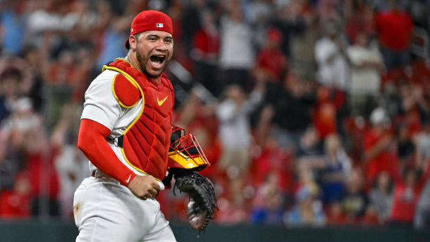 Sep 18, 2023; St. Louis, Missouri, USA; St. Louis Cardinals catcher Willson Contreras (40) reacts after the Cardinals defeated the Milwaukee Brewers and starting pitcher Adam Wainwright (not pictured) won his 200th career game in a 1-0 victory over the Brewers at Busch Stadium.