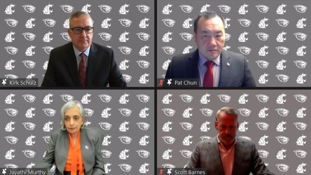 Washington State president Kirk Schulz, Cougars athletic director Pat Chun, Oregon State president Jayathi Murthy and Beavers athletic director Scott Barnes at a meeting on Sept. 21, 2023.
