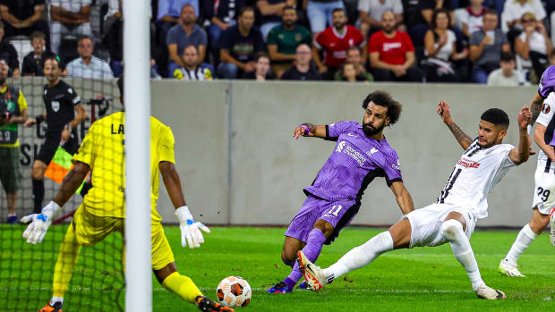 Mohamed Salah pictured (center) scoring for Liverpool in a 3-1 win away to LASK in September 2023