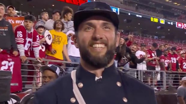 Former NFL quarterback Andrew Luck dressed in Civil War gear as Capt. Andrew Luck after Giants-49ers game in San Francisco.