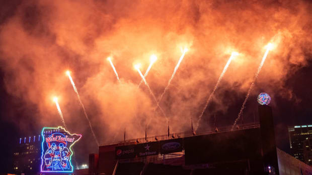 Jun 16, 2023; Minneapolis, Minnesota, USA; Fireworks after the game between the Detroit Tigers and Minnesota Twins at Target Field. Mandatory Credit: Matt Blewett-USA TODAY Sports