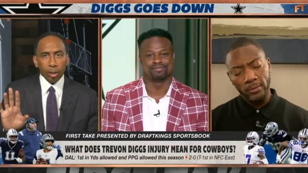 Stephen A. Smith, Bart Scott and Ryan Clark broadcast an episode of First Take discussing the injury to Cowboys cornerback Trevon Diggs.