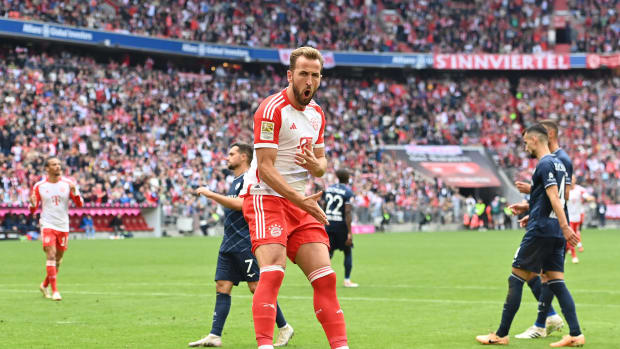 Harry Kane pictured celebrating one of his three goals during Bayern Munich's 7-0 win over Bochum in September 2023