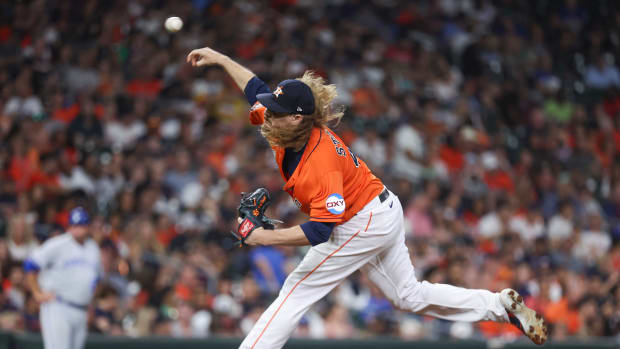Sep 22, 2023; Houston, Texas, USA; Houston Astros relief pitcher Ryne Stanek (45) delivers a pitch during the seventh inning against the Kansas City Royals at Minute Maid Park. Mandatory Credit: Troy Taormina-USA TODAY Sports