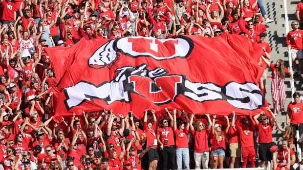Sep 23, 2023; Salt Lake City, Utah, USA; The Mighty Utah Student Section (MUSS) during a moment of loudness between the third and fourth quarters against the UCLA Bruins at Rice-Eccles Stadium. Mandatory Credit: Rob Gray-USA TODAY Sports