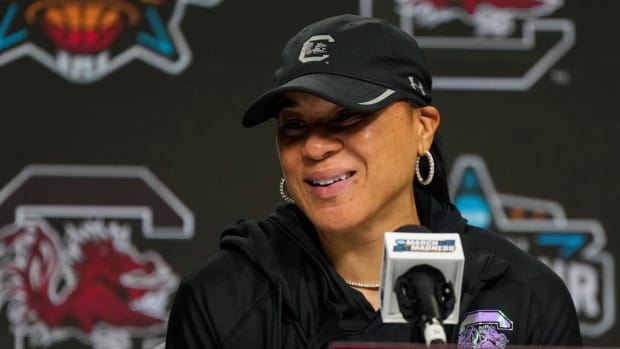 South Carolina coach Dawn Staley speaks to media at the 2023 women’s basketball NCAA tournament.