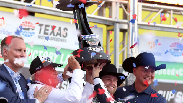 William Byron and NASCAR Hall of Fame team owner Rick Hendrick celebrate Sunday's win in the Autotrader EchoPark Automotive 400 at Texas Motor Speedway. (Photo by Tim Heitman/Getty Images)