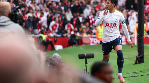 Son Heung-min pictured celebrating a goal for Tottenham Hotspur during a 2-2 draw at Arsenal in September 2023