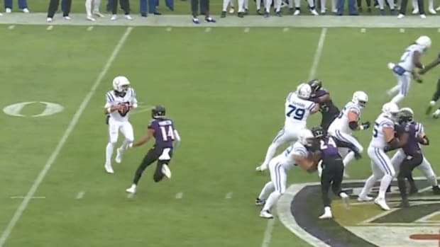 Ravens DB Kyle Hamilton with first of three sacks in one half against the Indianapolis Colts.