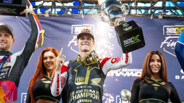 Jett Lawrence celebrates the SMX playoff championship in his rookie season. Photo: Aligh Media.
