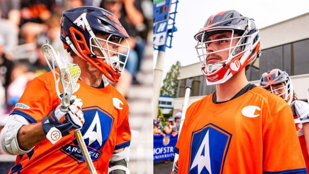 Former Virginia men's lacrosse players Matt Moore and Jared Conners playing for the Archers Lacrosse Club in the Premier Lacrosse League.