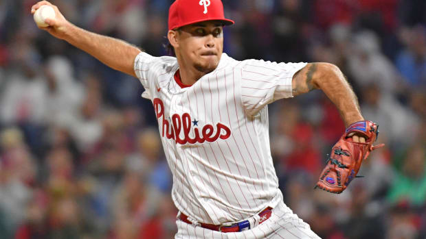 Sep 24, 2023; Philadelphia, Pennsylvania, USA; Philadelphia Phillies relief pitcher Orion Kerkering (50) throws a pitch during the eighth inning against the New York Mets at Citizens Bank Park. Mandatory Credit: Eric Hartline-USA TODAY Sports