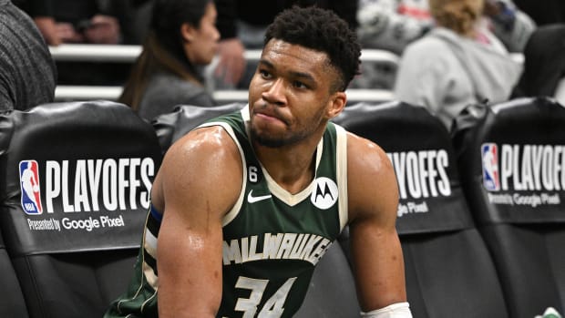 Milwaukee Bucks forward Giannis Antetokounmpo sits on the bench after the Bucks are eliminated from the 2023 playoffs.