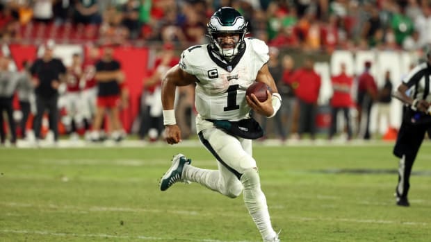 Sep 25, 2023; Tampa, Florida, USA; Philadelphia Eagles quarterback Jalen Hurts (1) runs with the ball against the Tampa Bay Buccaneers during the second half at Raymond James Stadium.