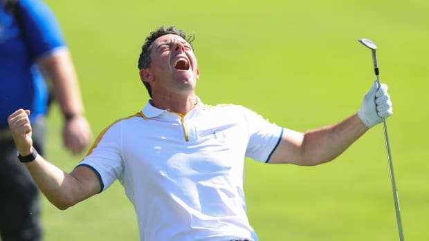 Rory McIlroy of Team Europe reacts on the eighth hole during a practice round prior to the 2023 Ryder Cup at Marco Simone Golf Club on September 26, 2023 in Rome, Italy.