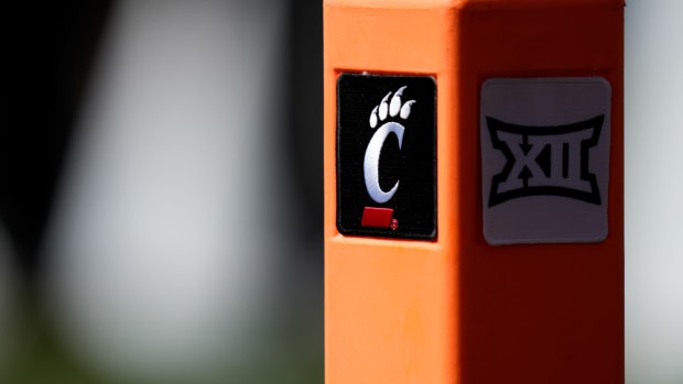 An end zone pylon bears the Cincinnati Bearcats and Big 12 conference logos in the first quarter of the NCAA Big 12 football game between the Cincinnati Bearcats and the Oklahoma Sooners at Nippert Stadium in Cincinnati on Saturday, Sept. 23, 2023.