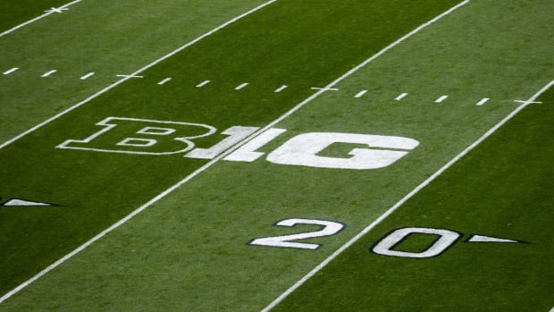 Sep 23, 2023; University Park, Pennsylvania, USA; A detailed view of the Big Ten Conference logo on the field prior to the game between the Iowa Hawkeyes and the Penn State Nittany Lions at Beaver Stadium. Mandatory Credit: Matthew O'Haren-USA TODAY Sports
