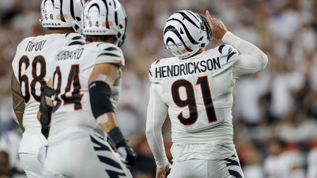 Sep 25, 2023; Cincinnati, Ohio, USA; Cincinnati Bengals defensive end Trey Hendrickson (91) reacts after a play against the Los Angeles Rams in the second half at Paycor Stadium. Mandatory Credit: Katie Stratman-USA TODAY Sports  