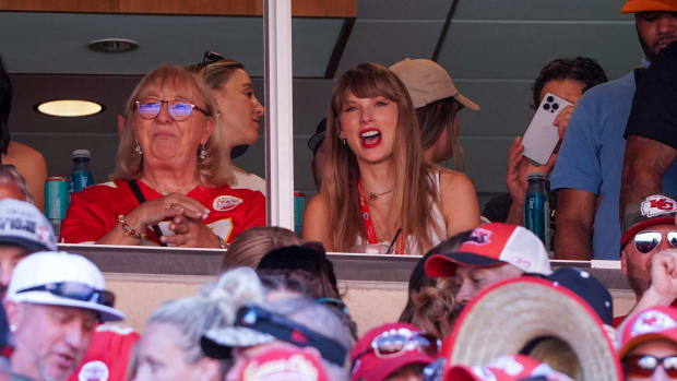 Sep 24, 2023; Kansas City, Missouri, USA; Taylor Swift reacts while sitting next to Donna Kelce watching the Kansas City Chiefs vs Chicago Bears game during the first half at GEHA Field at Arrowhead Stadium. Mandatory Credit: Denny Medley-USA TODAY Sports