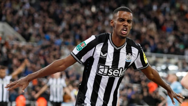 Alexander Isak pictured celebrating after scoring for Newcastle United in a 1-0 win over Manchester City in the third round of the 2023/24 EFL Cup