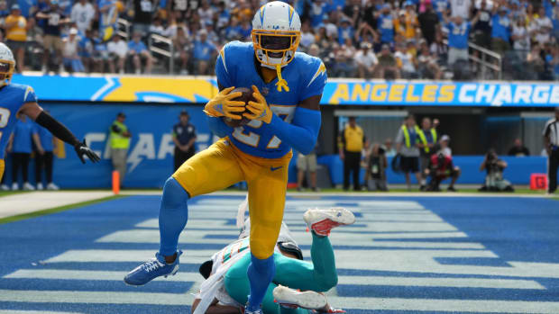 Chargers cornerback J.C. Jackson catches an interception in the endzone vs. the Dolphins.