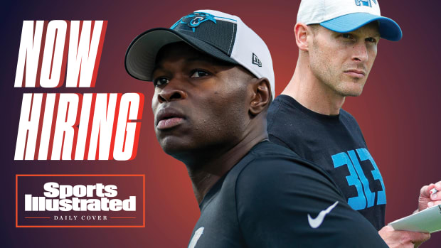 A graphic with pictures of NFL coaches Ben Johnson and Ejiro Evero that says NOW HIRING.