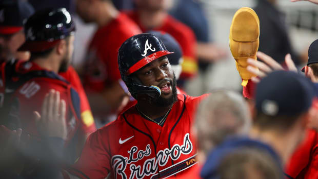 Sep 28, 2023; Atlanta, Georgia, USA; Atlanta Braves center fielder Michael Harris II (23) celebrates with teammates after scoring a run against the Chicago Cubs in the second inning at Truist Park.