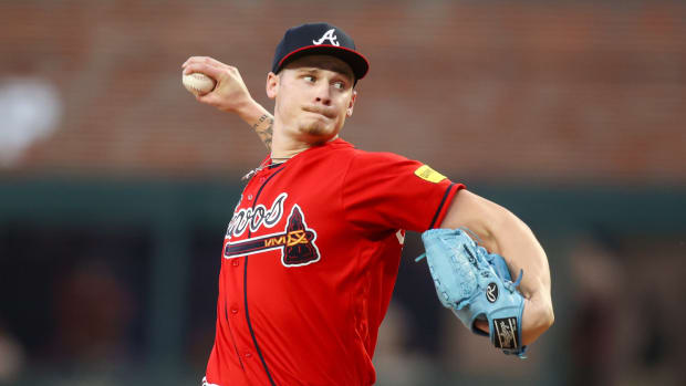 Sep 28, 2023; Atlanta, Georgia, USA; Atlanta Braves starting pitcher AJ Smith-Shawver (62) throws against the Chicago Cubs in the first inning at Truist Park.