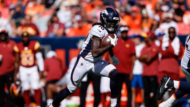 Sep 17, 2023; Denver, Colorado, USA; Denver Broncos wide receiver Jerry Jeudy (10) runs the ball on a reception in the second quarter against the Washington Commanders at Empower Field at Mile High.