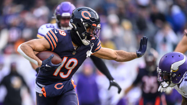 Jan 8, 2023; Chicago, Illinois, USA; Chicago Bears wide receiver Equanimeous St. Brown (19) runs after a catch during the first quarter against the Minnesota Vikings at Soldier Field.