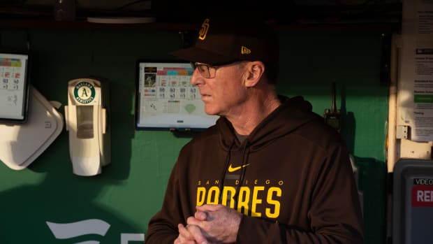 San Diego Padres manager Bob Melvin prepares in the dugout before his team takes on the Oakland Athletics at Oakland-Alameda County Coliseum. (2023)