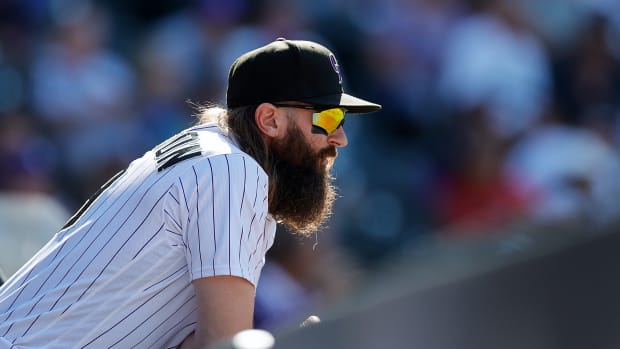 Sep 26, 2023; Denver, Colorado, USA; Colorado Rockies designated hitter Charlie Blackmon (19) looks on from the dugout in the sixth inning against the Los Angeles Dodgers at Coors Field.