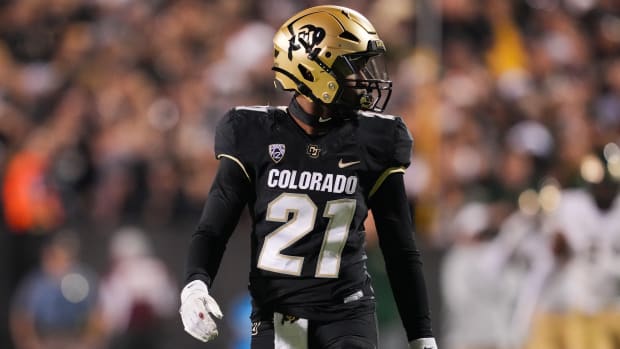 Colorado safety Shilo Sanders looks on during a game.