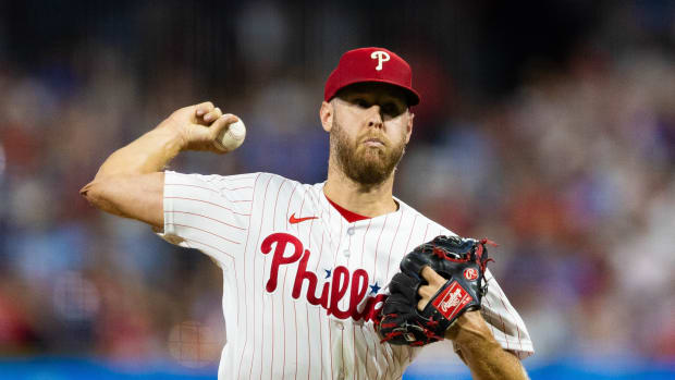 Sep 12, 2023; Philadelphia, Pennsylvania, USA; Philadelphia Phillies starting pitcher Zack Wheeler (45) throws a pitch during the fifth inning against the Atlanta Braves at Citizens Bank Park. Mandatory Credit: Bill Streicher-USA TODAY Sports