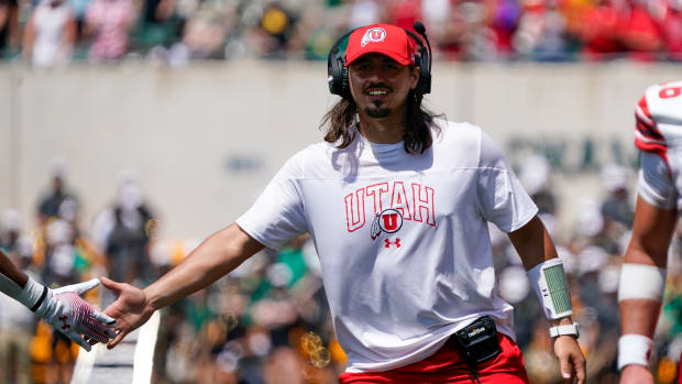 Sep 9, 2023; Waco, Texas, USA; Utah Utes quarterback Cameron Rising (7) on the sidelines following a Utah Utes touchdown against the Baylor Bears during the second half at McLane Stadium. Mandatory Credit: Raymond Carlin III-USA TODAY Sports