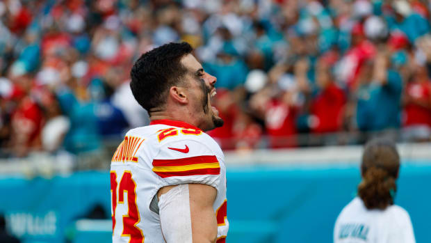 Sep 17, 2023; Jacksonville, Florida, USA; Kansas City Chiefs linebacker Drue Tranquill (23) yells to the crowd before the game against the Jacksonville Jaguars at EverBank Stadium. Mandatory Credit: Morgan Tencza-USA TODAY Sports  