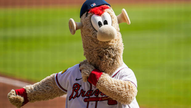 Oct 1, 2023; Cumberland, Georgia, USA; Atlanta Braves mascot Blooper shown on the field prior to the game against the Washington Nationals at Truist Park.