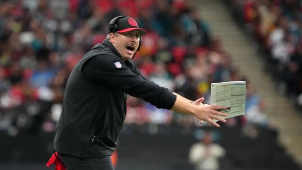 Atlanta Falcons coach Arthur Smith reacts against the Jacksonville Jaguars in the second half during an NFL International Series game at Wembley Stadium.