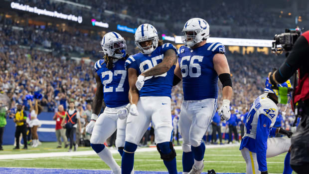 Oct 1, 2023; Indianapolis, Indiana, USA; Indianapolis Colts tight end Drew Ogletree (85) celebrates his touchdown with teammates in the second half against the Los Angeles Rams at Lucas Oil Stadium.