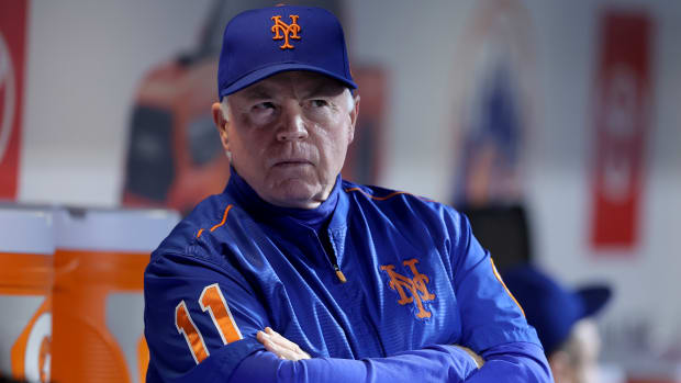 Sep 28, 2023; New York City, New York, USA; New York Mets manager Buck Showalter (11) looks on from the dugout before a game against the Miami Marlins at Citi Field.