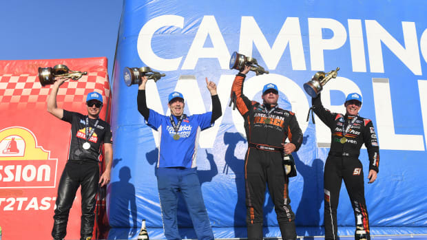 Here's your St. Louis race winners (from left):Gaige Herrera (Pro Stock Motorcycle), Greg Anderson (Pro Stock), Matt Hagan (Funny Car) and Clay Millican (Top Fuel). Photo courtesy NHRA.