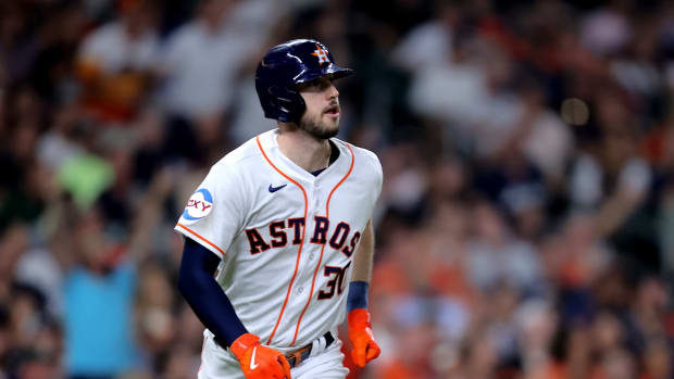 Sep 13, 2023; Houston, Texas, USA; Houston Astros right fielder Kyle Tucker (30) runs up the first base line after hitting a home run to right field against the Oakland Athletics during the seventh inning at Minute Maid Park. Mandatory Credit: Erik Williams-USA TODAY Sports