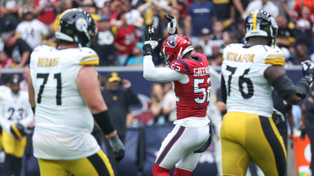 Oct 1, 2023; Houston, Texas, USA; Houston Texans defensive end Jonathan Greenard (52) reacts after making a tackle during the third quarter against the Pittsburgh Steelers at NRG Stadium. Mandatory Credit: Troy Taormina-USA TODAY Sports