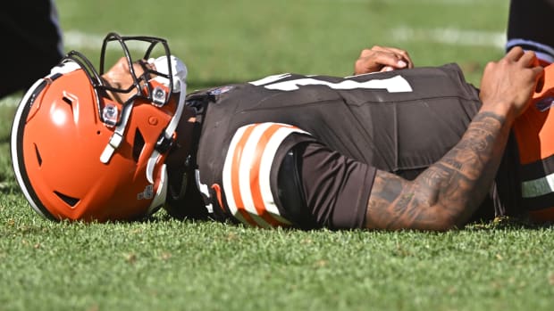 Oct 1, 2023; Cleveland, Ohio, USA; Cleveland Browns quarterback Dorian Thompson-Robinson (17) reacts in the third quarter against the Baltimore Ravens at Cleveland Browns Stadium. Mandatory Credit: David Richard-USA TODAY Sports
