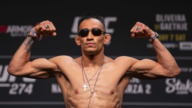 Tony Ferguson poses during the UFC 274 ceremonial weigh-ins.