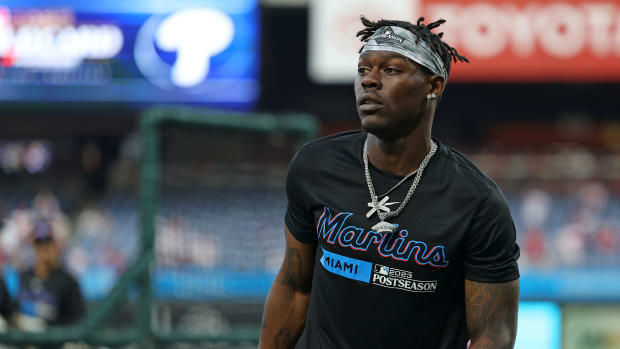 Oct 3, 2023; Philadelphia, Pennsylvania, USA; Miami Marlins center fielder Jazz Chisholm Jr. (2) before game one of the Wildcard series for the 2023 MLB playoffs at Citizens Bank Park.