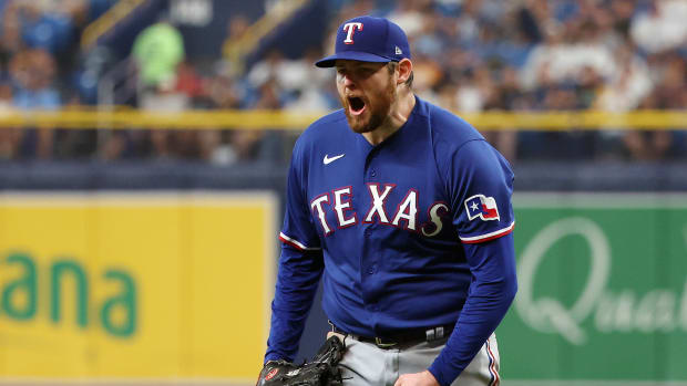 Former Texas Rangers starting pitcher Jordan Montgomery reacts after striking out Tampa Bay Rays pinch hitter Junior Caminero to end the seventh inning during Game 1 of the Wild Card series at Tropicana Field. Montgomery held the Rays scoreless over seven innings in the Rangers 4-0 win.