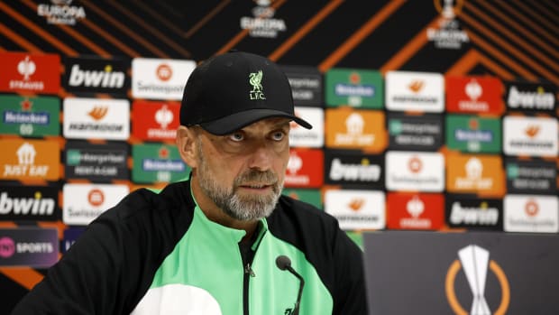 Liverpool manager Jurgen Klopp pictured during a press conference before his team's UEFA Europa League game against Royale Union Saint-Gilloise in October 2023